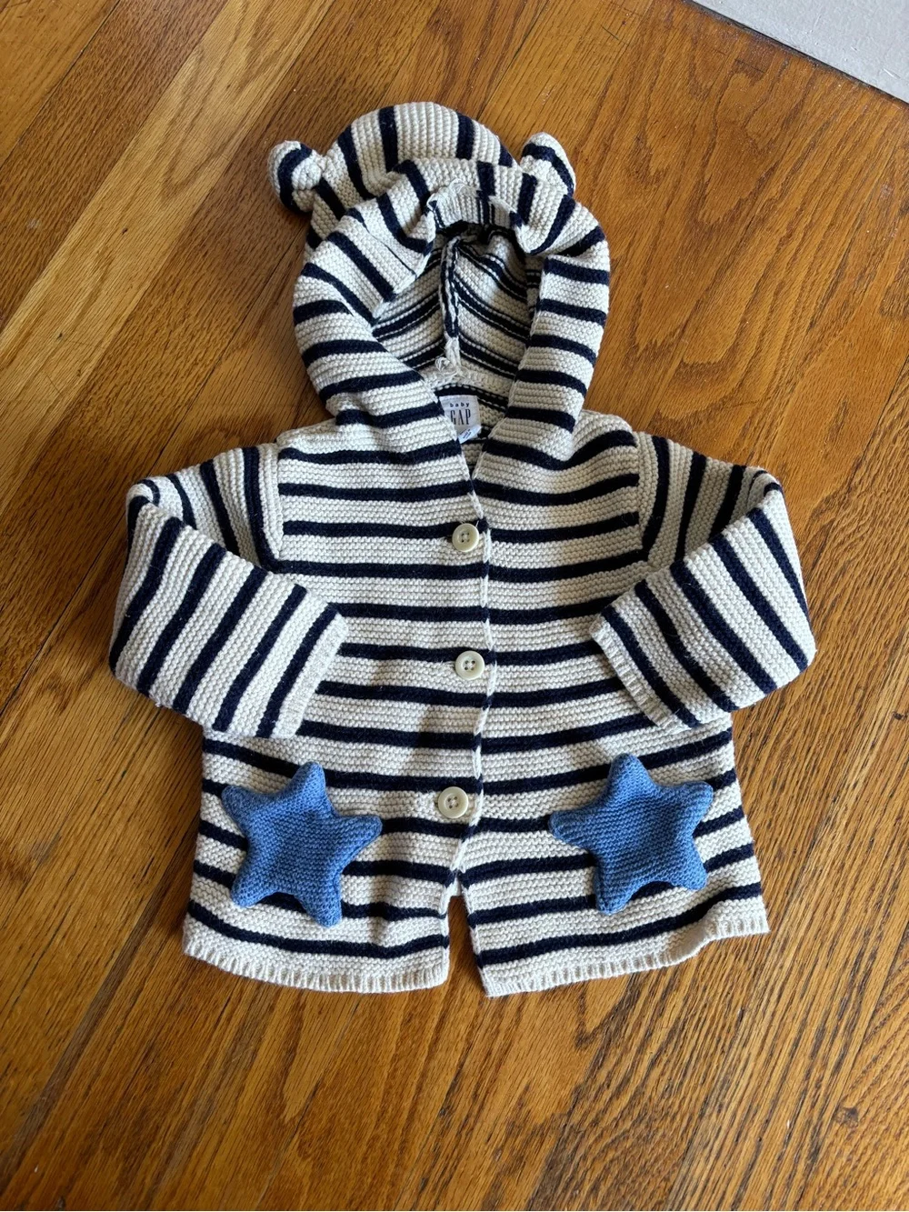 GAP Baby Hooded Stripe Knit Cardigan in Navy & Cream